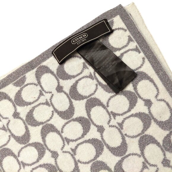 COACH Classic Silver & Cream Monogram C Logo Wool Blend Pre-owned Scarf - Picture 11 of 13
